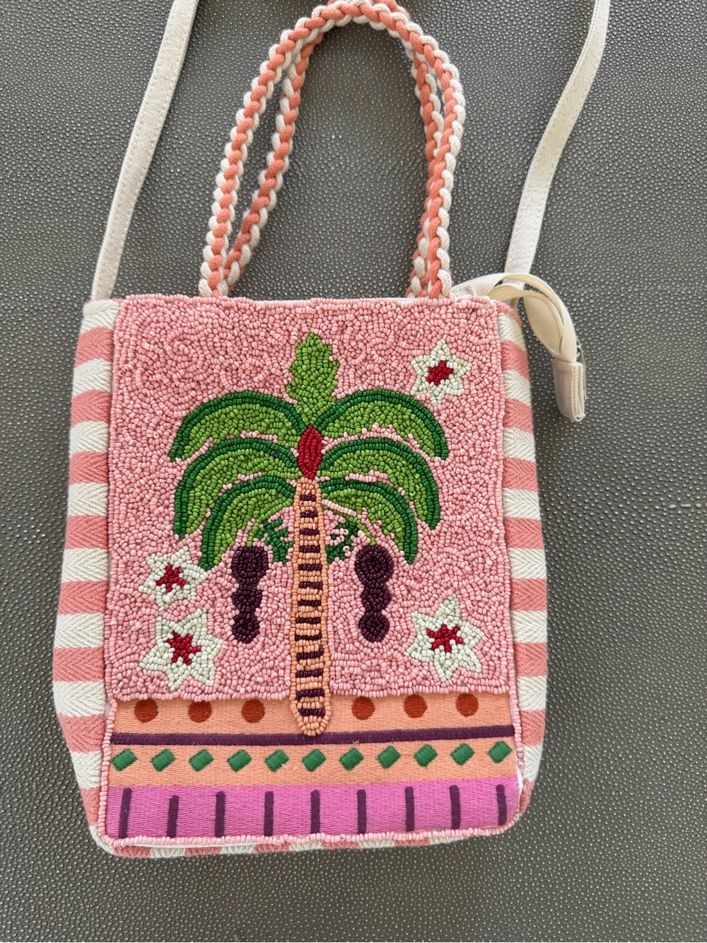 Lulu's Pink Beaded Palm Tree Crossbody Bag with Green Accents